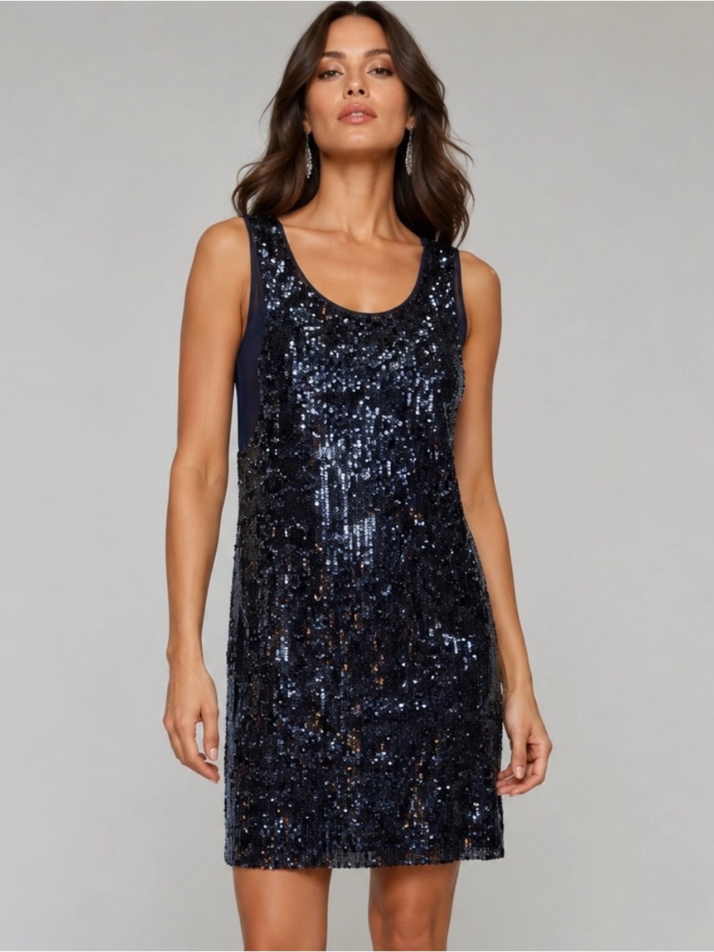 Nicole Miller 100% Silk sequin overlay
Mini Dress Size 12 Sheer underarm panels